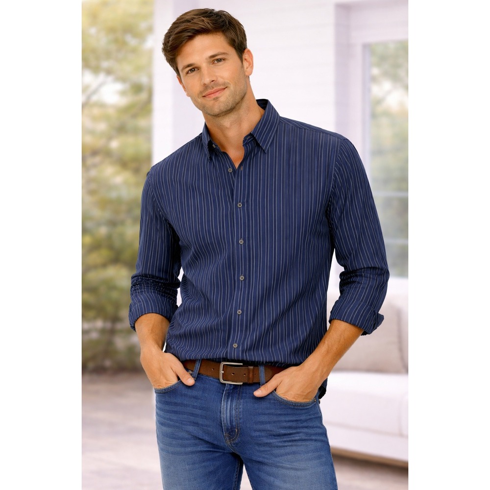 Calvin Klein- Men's Dark Blue Striped Shirt Size L